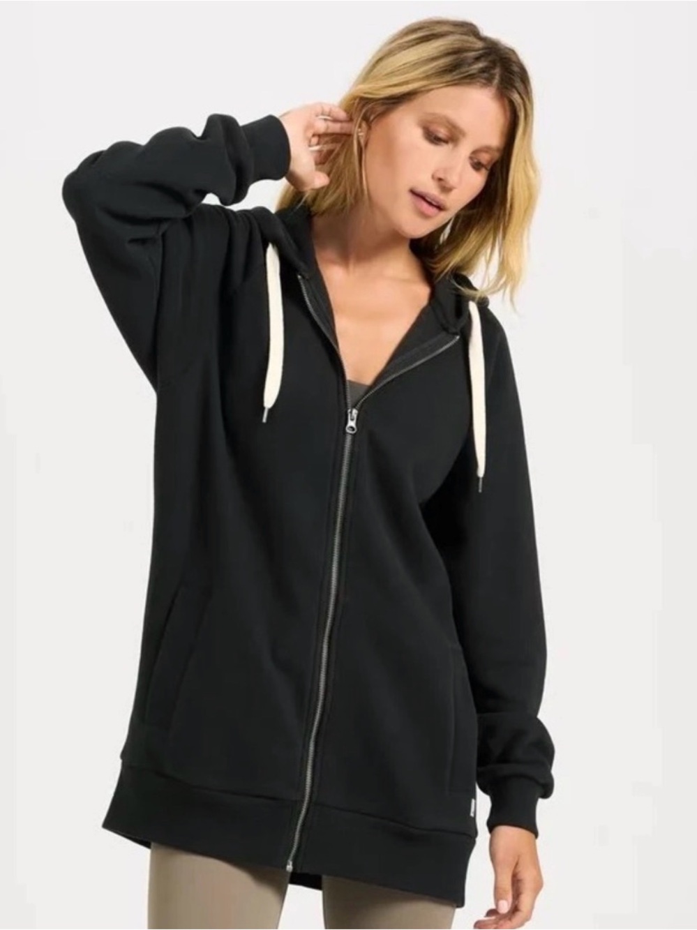 Vuori Black Zip-Up Hoodie with Cream Drawstrings